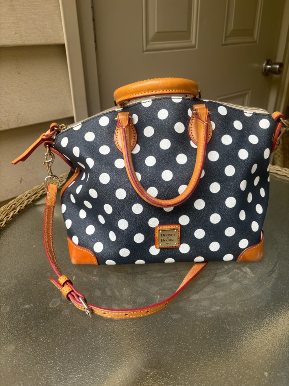 Dooney & Bourke Black and White Polka Dot Satchel with Tan Trim